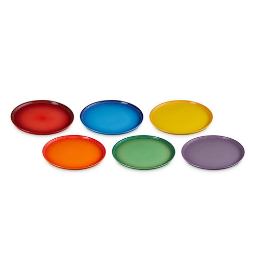 Le Creuset Stoneware Set of 6 Rainbow Coupe Dinner Plates Angled View