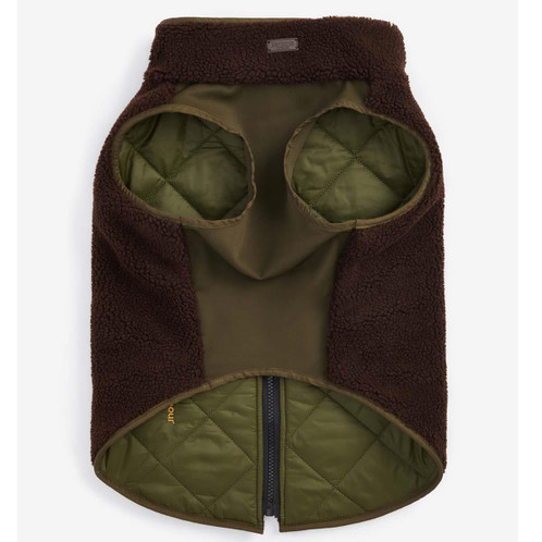 Olive/Brown Reversed Barbour Reversible Quilt/Borg Fleece Dog Coat underneath