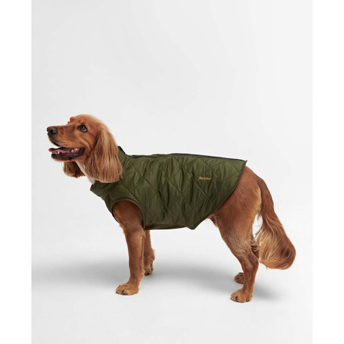 Olive/Brown Barbour Reversible Quilt/Borg Fleece Dog Coat on dog