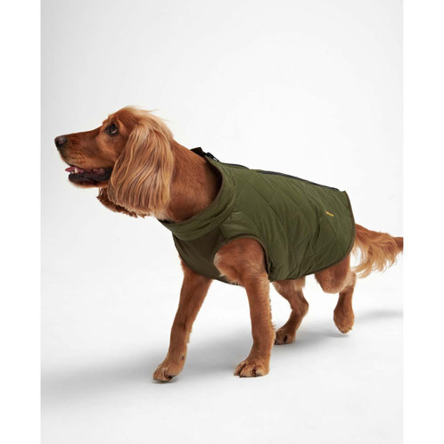 Olive/Brown Barbour Reversible Quilt/Borg Fleece Dog Coat on dog side