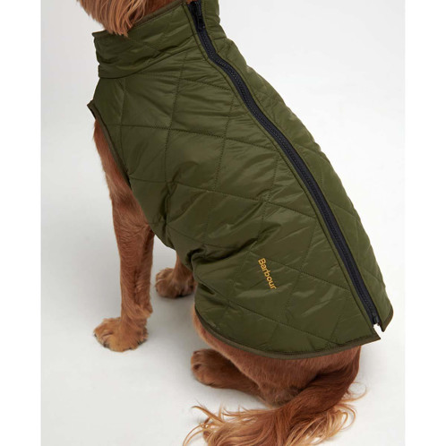 Olive/Brown Barbour Reversible Quilt/Borg Fleece Dog Coat on dog back