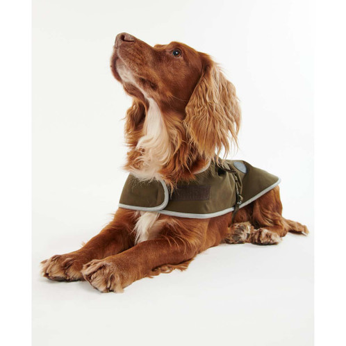 Olive Barbour Waterproof Dog Coat on dog lying down