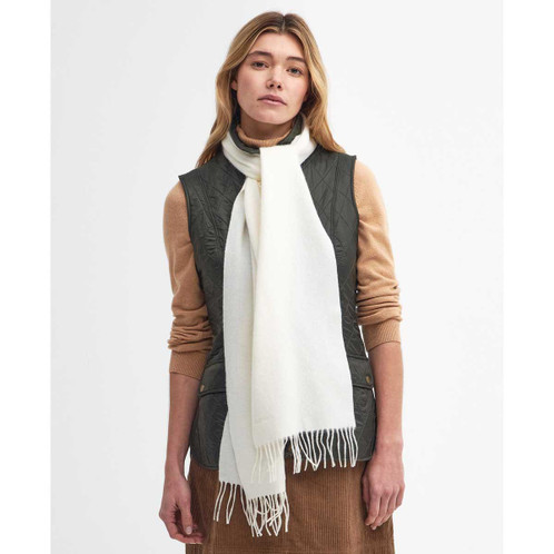 Cream Barbour Womens Lambswool Woven Scarf on model