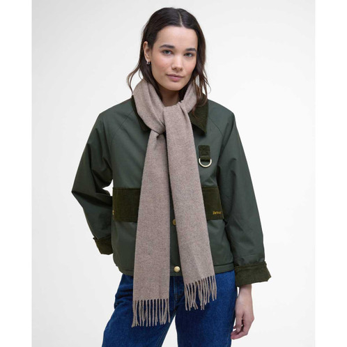 Oatmeal Barbour Womens Lambswool Woven Scarf on model
