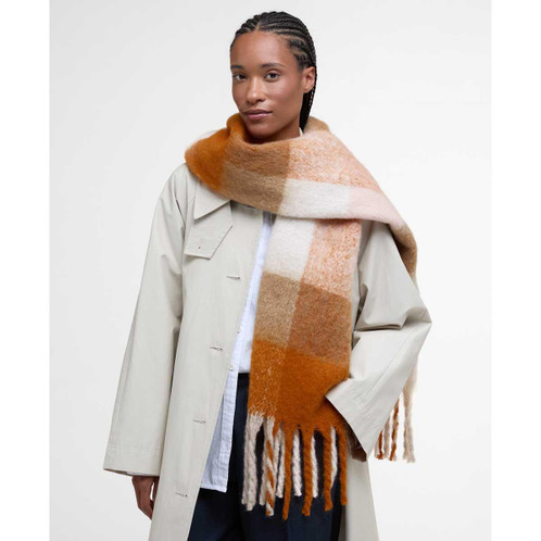 Mustard Check Barbour Womens Marie Scarf on model