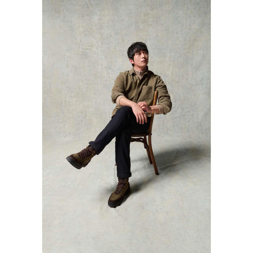 Olive Nubuck Barbour Mens Sidwood Hiking Boot on model sat on chair