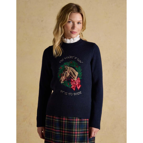 Navy Joules Womens Noelle Horse Christmas Jumper On Model
