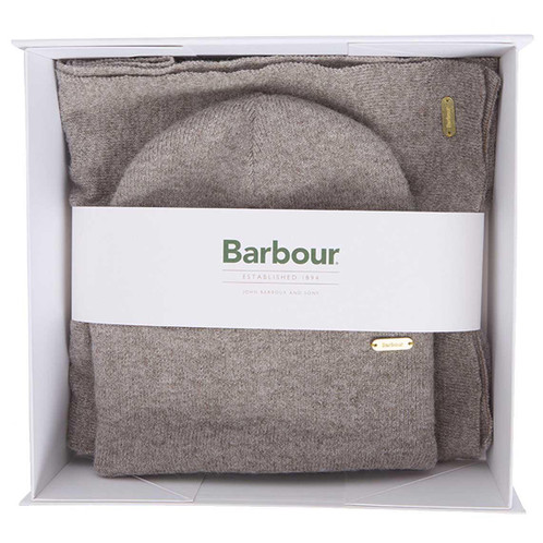 Taupe Barbour Womens Beanie and Scarf box
