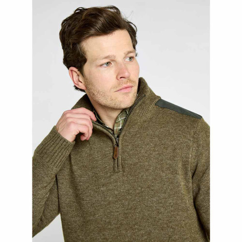 Dusky Green Dubarry Mens Doherty Zip Neck Lined Jumper On Model Detail