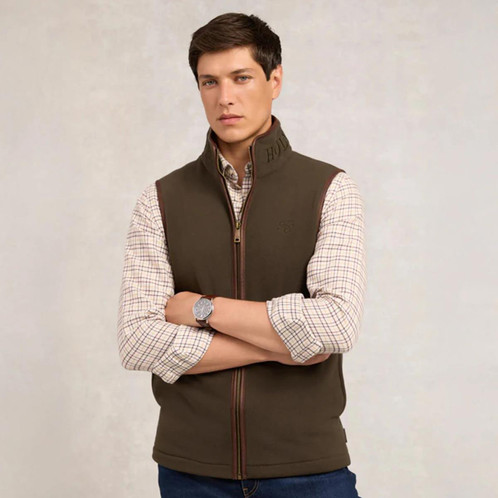 Khaki Holland Cooper Mens Country Fleece Gilet On Model