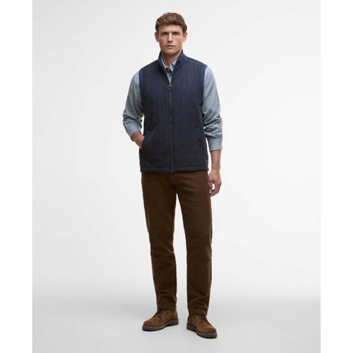 Navy Barbour Mens Shoveler Knitted Gilet On Model