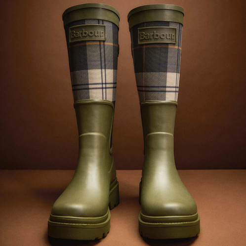 Olive/Ancient Tartan Barbour Womens Dena Tall Welly lifestyle1