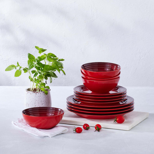 Cerise Le Creuset Stoneware 12 Piece Dinnerware Set lifestlye