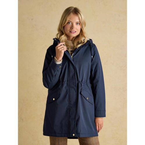 Navy Joules Womens Portwell Cosy Waterproof Coat On Model