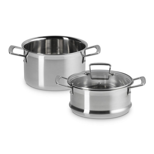 Le Creuset 3-ply Stainless Steel 20cm Casserole with Steamer Set Split Out