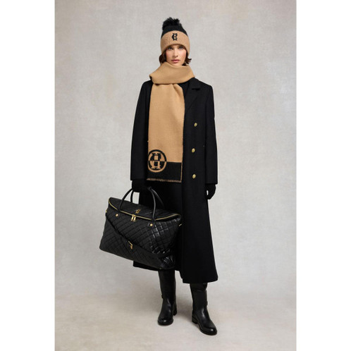 Camel Black Holland Cooper Womens Jacquard Scarf On Model