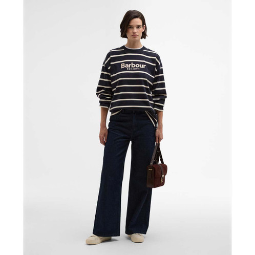 Dark Navy/Ecru Stripe Barbour Womens Maeve Top On Model
