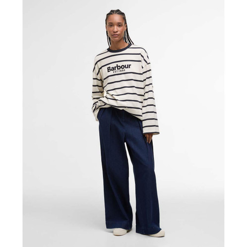 Ecru/Dark Navy Stripe Barbour Womens Maeve Top On Model