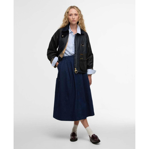 Royal Navy/Black/Dress Tartan Barbour Womens Kearton Wax Jacket On Model