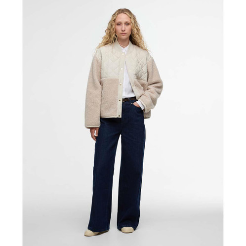 Oatmeal/Silver Cloud Barbour Womens Weatherby Fleece Jacket On Model