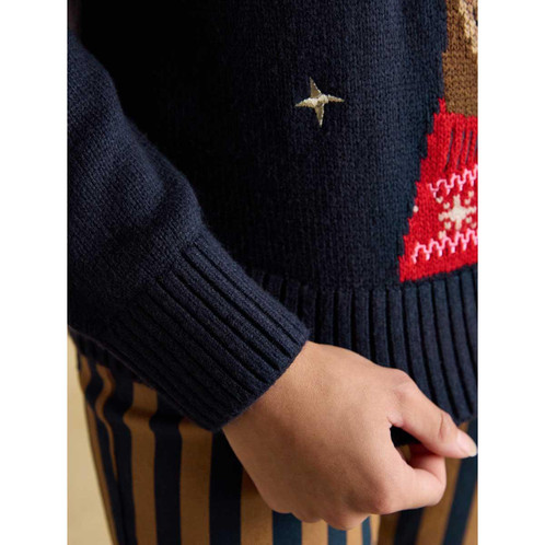 Navy Joules Womens Noelle Reindeer Christmas Jumper Cuff Detail