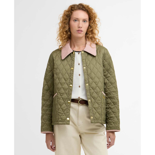 Bleached Olive/Ancient/Gardenia Barbour Womens Icons Cropped Liddlesdale Quilted Jacket front