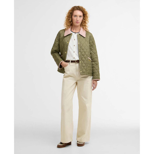 Bleached Olive/Ancient/Gardenia Barbour Womens Icons Cropped Liddlesdale Quilted Jacket on model