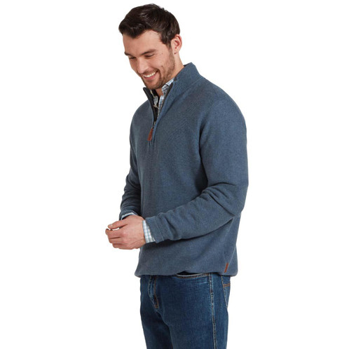Dark Pigeon Blue Schoffel Mens Porthleven 1/4 Zip Jumper on model