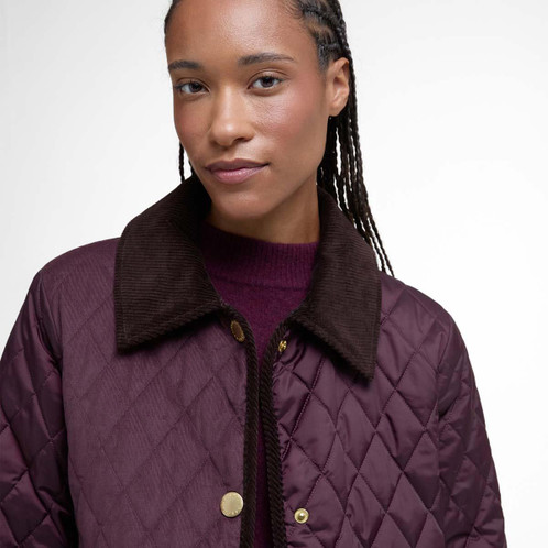 Black Cherry/Dark Brown/Muted Tartan Barbour Womens Marla Quilted Jacket Collar