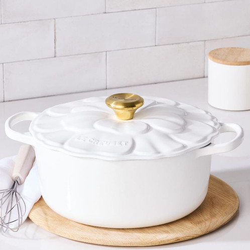 WHite Le Creuset 26cm Cast Iron Petal Casserole Lifestyle