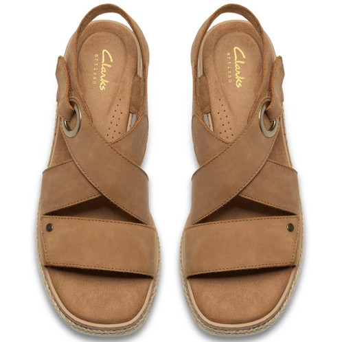 Tan Nubuck Clarks Womens Kidiki Sun Wedge Sandals Top View