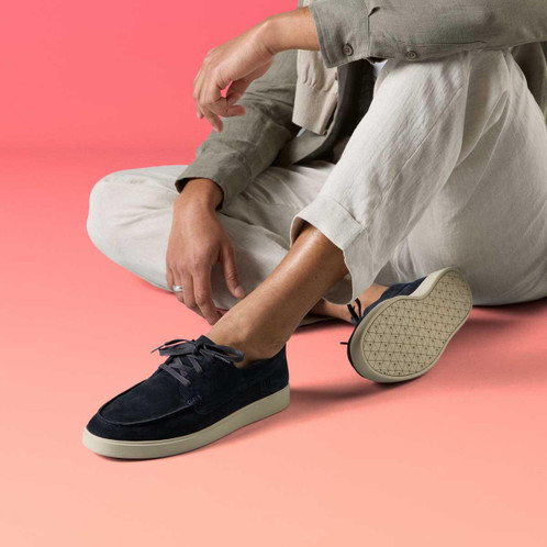 Navy Suede Clarks Mens Lockford Boat Shoes On Model