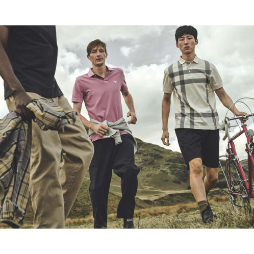 Washed Pink Barbour Mens Washed Tartan Tailored Fit Pique Polo LS