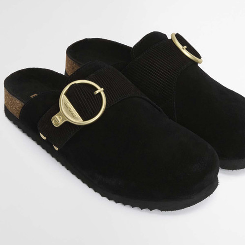 Black Suede Barbour Kyra Closed Toe Sandal buckle