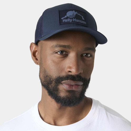 Navy Helly Hansen HH Trucker Cap ON MODEL