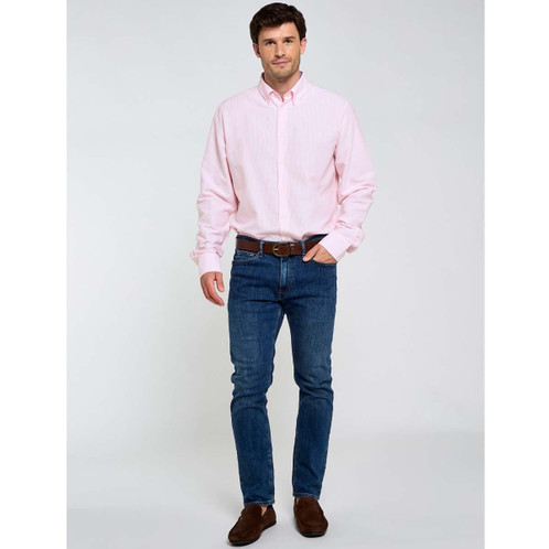 Pink Stripe Dubarry Mens Clontarf Oxford Shirt On Model Full Length