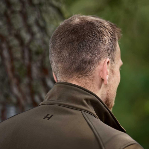 Willow Green/Shadow Brown Harkila Mens Scandinavian Softshell Jacket Back Collar Detail