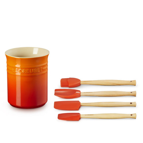 Le Creuset Stoneware Utensil Jar and Set of 4 Spatulas set