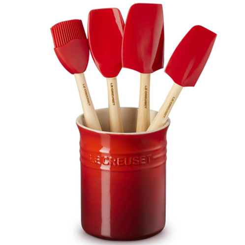 Le Creuset Stoneware Utensil Jar and Set of 4 Spatulas