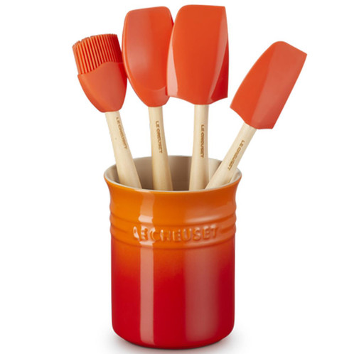 Le Creuset Stoneware Utensil Jar and Set of 4 Spatulas