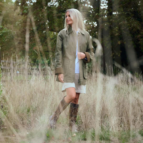 Dusky Green Dubarry Womens Delaney Wax Cotton Utility Jacket Lifestyle In Use