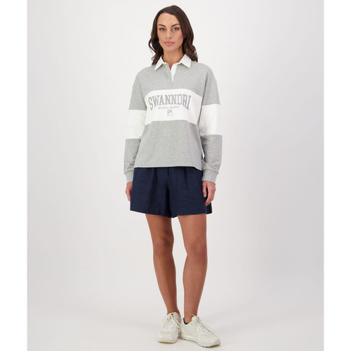 Grey Marle/White Swanndri Womens Cameron Rugby Shirt On Model