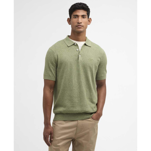 Laurel Green Barbour Mens Muston Linen Blend Knitted Polo Shirt Front