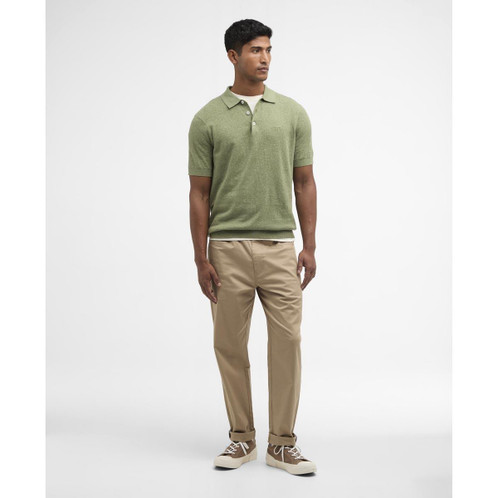 Laurel Green Barbour Mens Muston Linen Blend Knitted Polo Shirt On Model