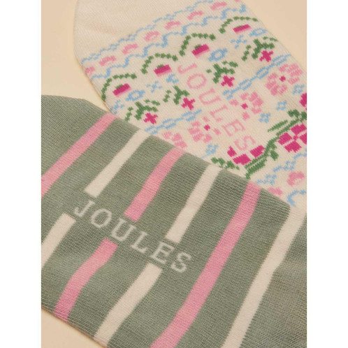 Cream/Pink/Green Joules Womens Bessie Invisible Socks 2 Pack Detail