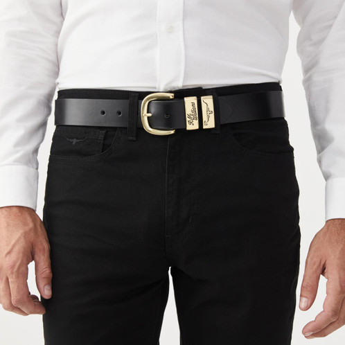 Black R.M. Williams Mens 3 Piece Work Belt Brass Buckle Lifestyle