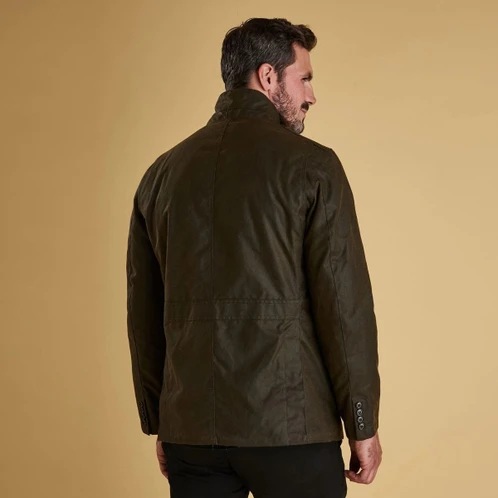 Olive Barbour Mens Lutz Wax Jacket On Model Back