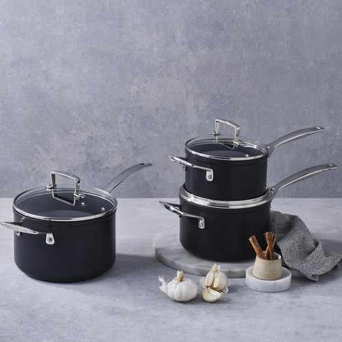 Le Creuset Toughened Non-Stick 3 Piece Saucepan Set Lifestyle