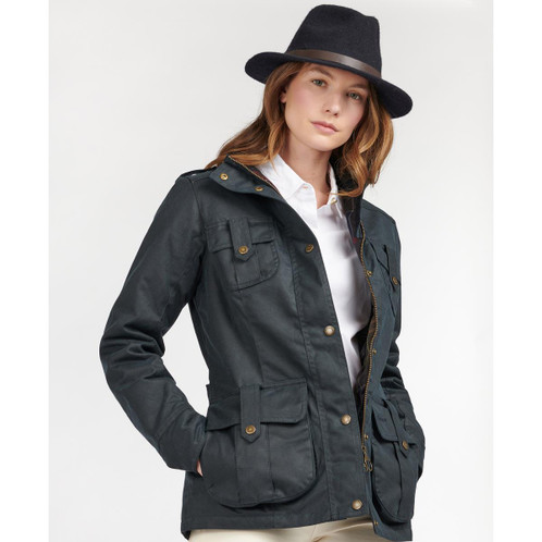 Navy Barbour Winter Defence Wax Jacket On Model