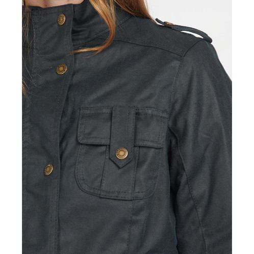 Navy Barbour Winter Defence Wax Jacket On Model Detail